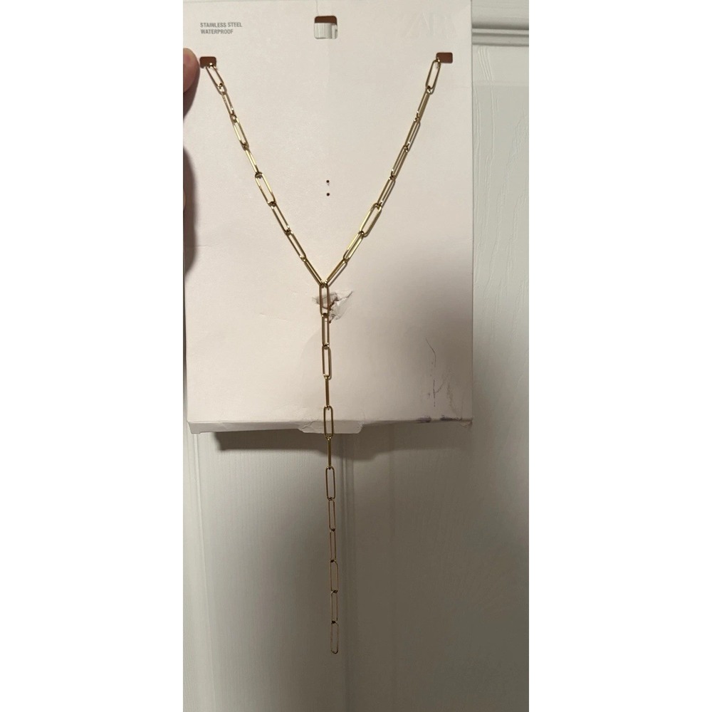 Zara Paper Clip Gold Toned Lariat Y Stainless Steel Necklace Old Money Mob Wife